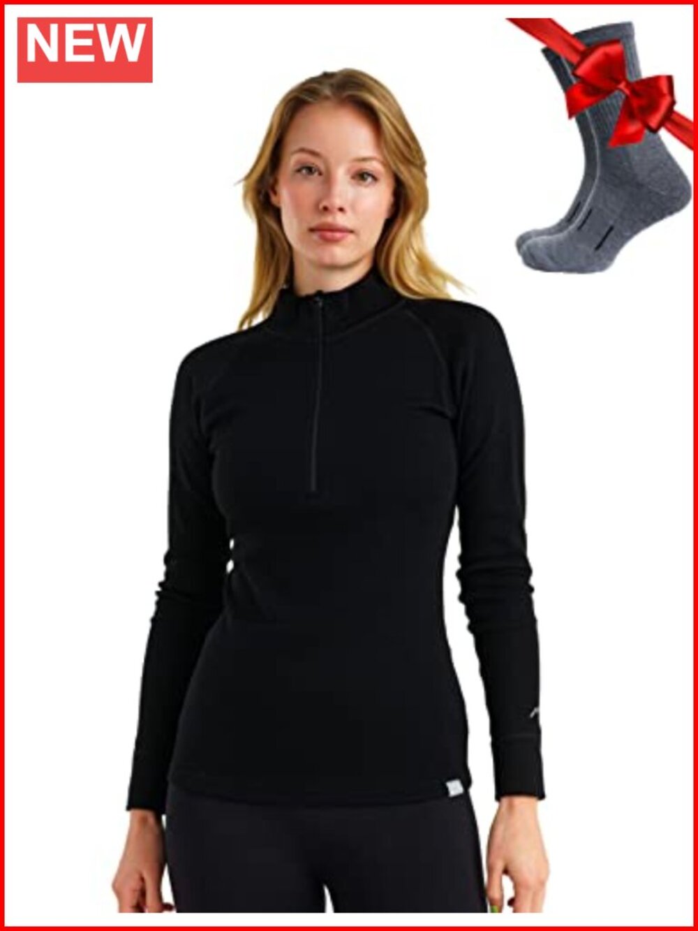Merino Wool Quarter Zip Sweater Women Thermal Base Layer with Socks